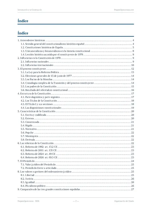 Captura real del índice de un temario PDF de PreparaOposiciones